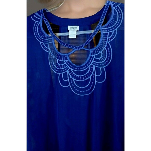 Charming Charlie Women's M Royal Blue Embroidered Blouse Semi Sheer Boho Chic - Picture 4 of 8